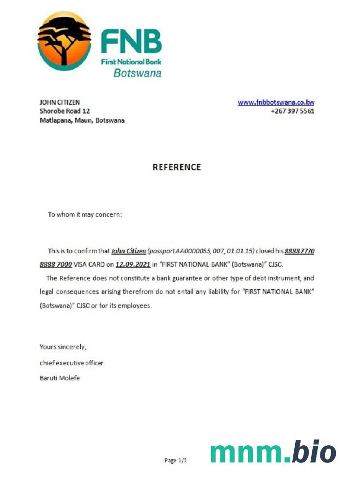 Botswana FNB Botswana przykład odniesienia zamknięcia w formatach Word i PDF